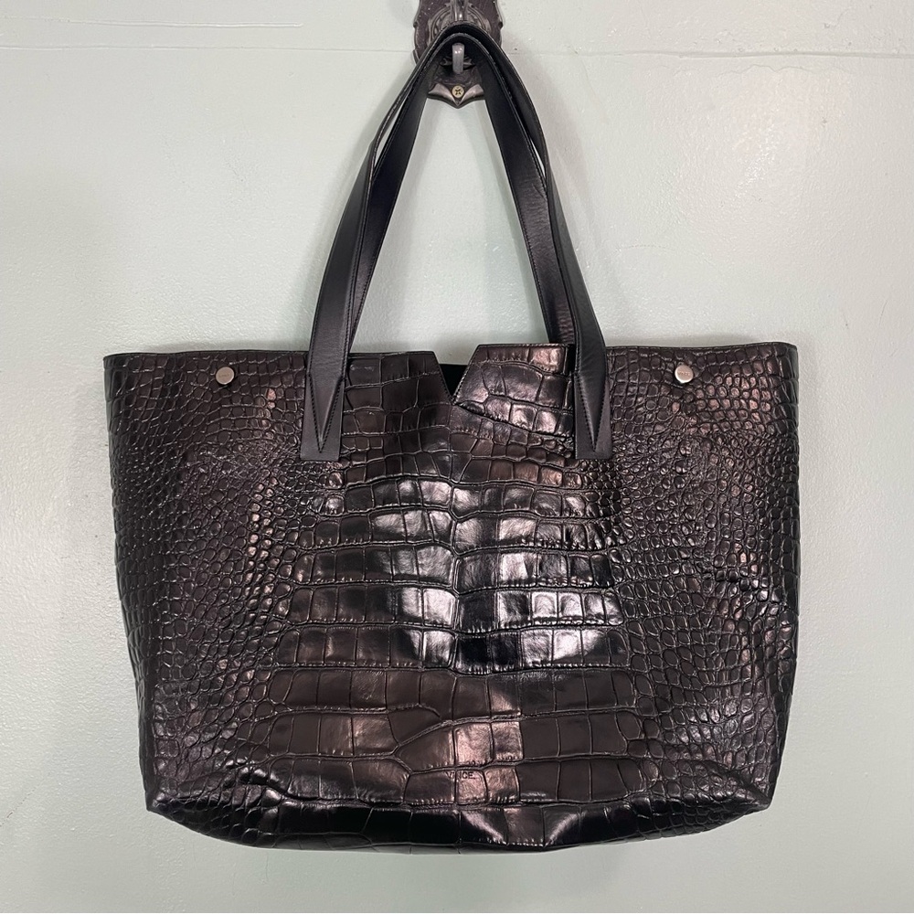 Vince Signature V Embossed‎ Crocodile Tote Bag Black Large